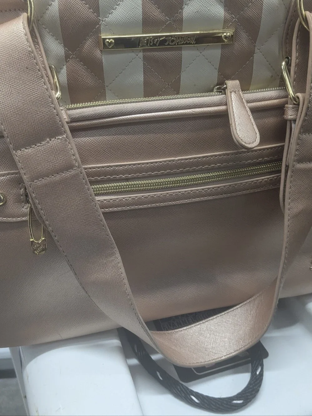 Betsey JOHNSON Rose Gold Quilted Stripe Tote  Diaper Bag with Matching Baby Mat